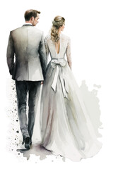 Wall Mural - Vector watercolor illustration wedding couple married in full length from back colorful isolated on white background.