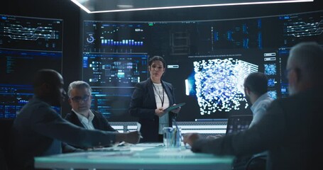 Fototapete - Management Meeting in a Technological Company. Diverse Team of Data Scientists Discussing Neural Network Project on a Big Digital Screen in the Office. Female Team Leader is Making a Presentation