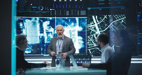 Aufkleber - Senior Chief Software Engineer Showing a Satellite Tracking Technology Capabilities to a Group of High Profile Government and Cybersecurity Officials. Colleagues Discussing New GPS Software