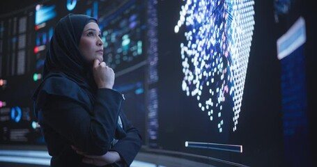 Fototapete - Portrait of a Smart Focused Middle Eastern Software Engineer Analyzing Neural Network Big Data on a Digital Screen. Young Arab Woman in Hijab Working in an Innovative Internet Service Company