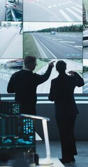 Aufkleber - Vertical Screen: Two Multiethnic Software Engineers Talking in a Modern Monitoring Office with Live CCTV Footage with Traffic Situation. Monitoring Room Big Data Engineers Work on Computers