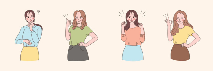Female characters people portrait illustration. Set of women in different poses, okay, questioning, pointing, good job, hairstyle and clothes. Minimal style young adults for ads, prints, decorative.