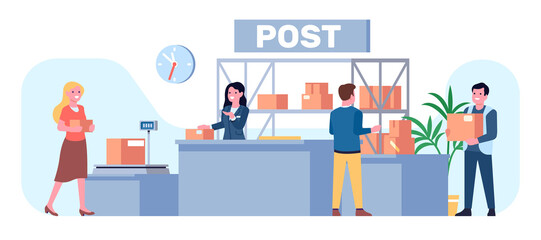 Wall Mural - Post office. Parcel pickup and delivery. Cardboard boxes send and receive. Postal service workers. Order packages. Man and woman at reception desk. Packs distribution. png concept