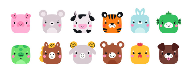 Square cute animals. Farm fauna cartoon characters. Funny muzzles. Chinese horoscope creatures. Mobile applications icons shape. Happy tiger and horse. Garish png mammals heads set