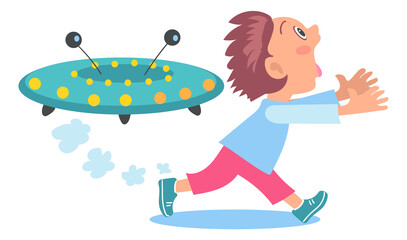 Wall Mural - Kids fear. Frightened boy afraid of UFO. Children phobia. Scared teenager escaping from flying saucer. Anxiety imagination. Panicked young person. Horror aliens invasion. png concept