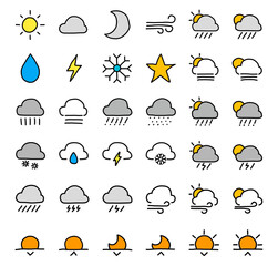 doodle weather icons set including clouds, rain, sunrises, sunset, electric, and more.