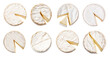 set of isolated illustrations of brie cheese. Created with Generative AI	