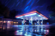 A gas station lit up at night in the rain. Generative AI.
