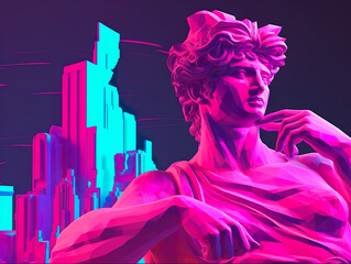 Wall Mural - Greek god sculpture in retrowave city pop design, vaporwave style colors, ganerative ai