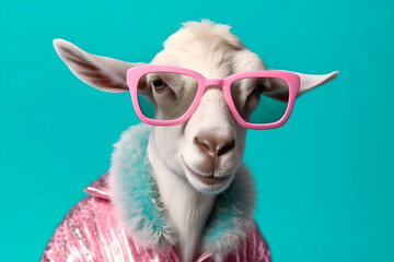 Wall Mural - A white goat in a pink jacket and pink glasses as a stylish model. Minimal cool concept of fashion and beauty. Generative AI.