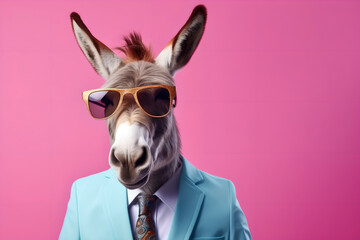 Wall Mural - Stylish cool donkey in sunglasses, business suit and tie. Minimal creative concept of business and success. Generative AI.