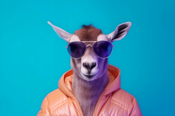 Wall Mural - Stylish cool goat in an orange jacket with a hood on a blue background in a studio wearing sunglasses. Generative AI.