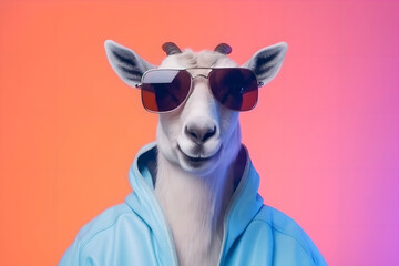 Wall Mural - Cool goat with horns in a blue hoodie jacket and sunglasses on an orange background. Generative AI. Cool goat with horns in a blue hoodie jacket and sunglasses