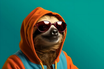 Wall Mural - Cool sloth in hoodie and sunglasses. Generative AI.