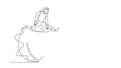 Poster - Self drawing animation of single one line draw Arabian businessman jumping over shield. Insurance for future protection. Fund safety, bank deposit assurance. Continuous line. Full length animated