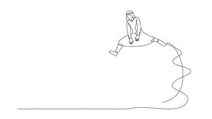 Poster - Animated self drawing of continuous line draw Arab businessman jumping over big clipboard. Paper sheet document questionnaire. Successful completion of business task. Full length single line animation