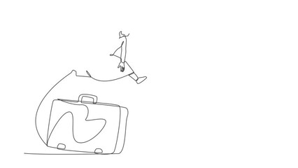 Poster - Self drawing animation of single line draw Arab businessman jumping over big briefcase. Executive manager working accessory. Success business competition. Continuous line draw. Full length animated