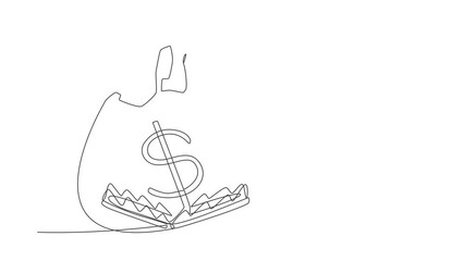 Poster - Animated self drawing of continuous one line draw businesswoman jumping over money pitfall with money dollar symbol. Financial trap, ponzi scheme or business pitfall. Full length single line animation