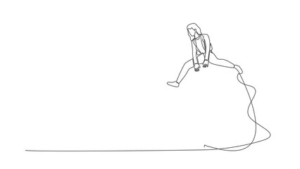 Poster - Animated self drawing of continuous line draw businesswoman jump over alarm clock. Wake up inspiration for new project. Business deadline or working time efficiency. Full length one line animation
