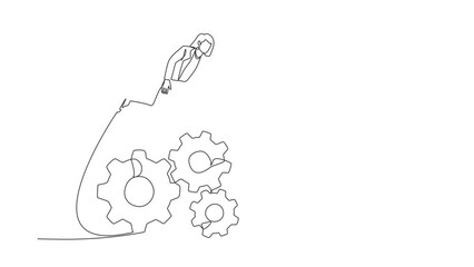 Poster - Animated self drawing of continuous line draw businesswoman jumping over big gears. Female entrepreneur developing business innovation. Operation management system. Full length single line animation
