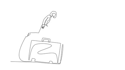 Poster - Animated self drawing of continuous line draw businesswoman jumping over briefcase. Manager diplomat conclude contracts and store information. Professional suitcase. Full length one line animation