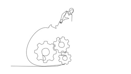 Poster - Self drawing animation of single line draw Arab businesswoman jumping over gears. Operation management system. Female entrepreneur developing business innovation. Continuous line. Full length animated