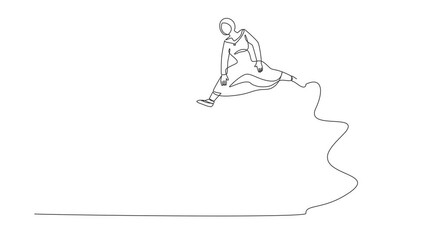 Poster - animated self drawing of continuous line draw arabian businesswoman jumping over big light bulb. inn