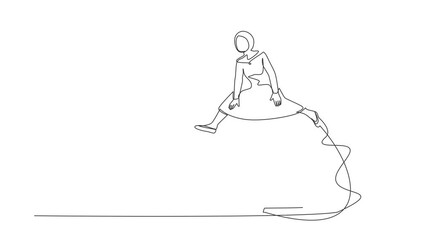 Poster - Self drawing animation of single one line draw Arab businesswoman jumping over big laptop. Data computing for working efficiency. Office system information. Continuous line draw. Full length animated