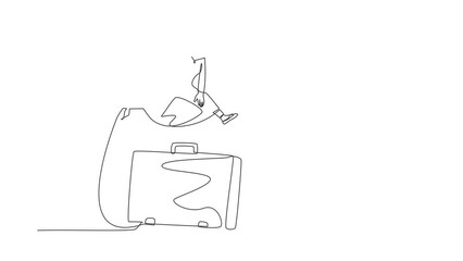 Poster - Animated self drawing of continuous line draw Arabian businesswoman jumping over big briefcase. Manager diplomat conclude contracts and store financial information. Full length one line animation