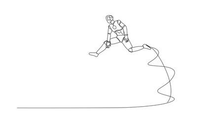 Poster - Self drawing animation of single line draw robot jumping over house. Housing loan real estate investment. Technology development. Artificial intelligence. Continuous line draw. Full length animated