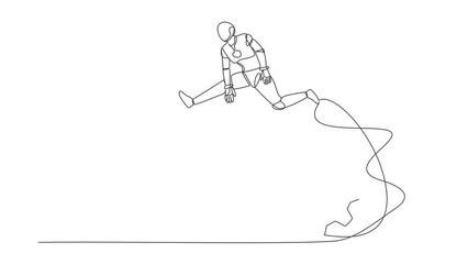Poster - Animated self drawing of continuous line draw robot jumping over big gears. Developing business innovation. Operation management system. Robotic artificial intelligence. Full length one line animation