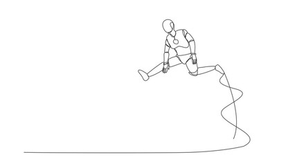 Poster - Self drawing animation of single line draw robot jump over shield. Protection, insurance, from business danger. Future technology. Artificial intelligence. Continuous line draw. Full length animated
