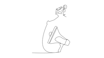 Poster - Animated self drawing of continuous line draw robot jumping over big megaphone. Loudspeaker technology. Announcement, advertising. Robotic artificial intelligence. Full length one line animation