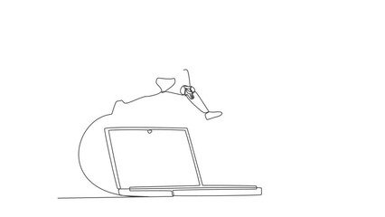 Wall Mural - Self drawing animation of single line draw robot jumping over big laptop. Office system information technology digital. Technology artificial intelligence. Continuous line draw. Full length animated