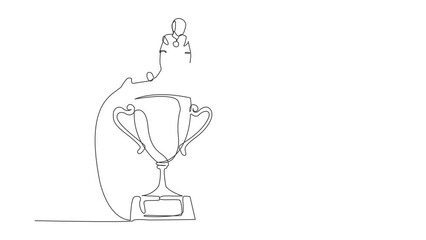 Poster - Animated self drawing of continuous line draw robot jumping over trophy. Challenge or succeed in business competition. Humanoid robot cybernetic organism. Robotic. Full length single line animation
