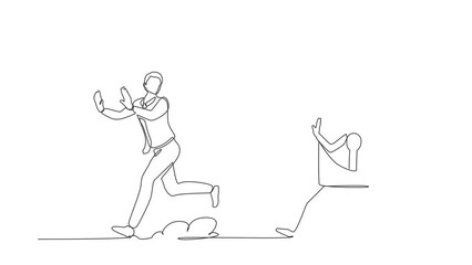 Poster - Self drawing animation of single one line draw stressed businessman being chased by padlock. Worker running for business security. Professional solutions. Continuous line draw. Full length animated