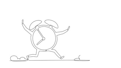 Poster - single one line drawing stressed businessman being chased by clock. running out of time. deadline pr