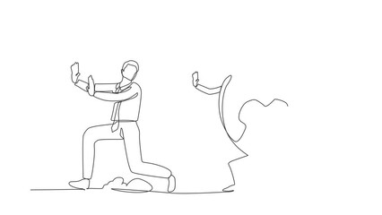 Poster - animated self drawing of continuous line draw stressed businessman being chased by globe. manager ch
