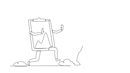 Poster - Animated self drawing of continuous line draw stressed businessman being chased by clipboard. Male employee in deadline checklist application paper sheets document. Full length single line animation