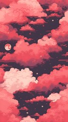 Wall Mural - Red sky, with clouds and moon