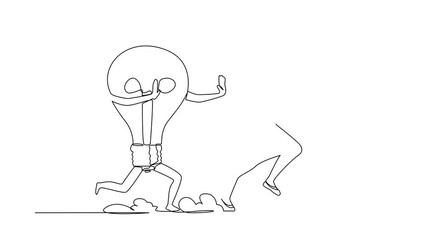 Poster - Animated self drawing of single continuous line draw businesswoman being chased by light bulb. Female manager losing business idea, inspiration, innovation. Minimalism. Full length one line animation
