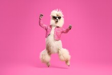 Stylish 80's Clothes Alpaca Llama In Glasses. In Motion On Pink Background, Generative AI