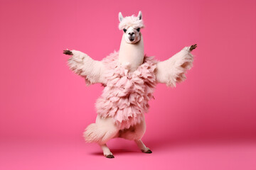 Wall Mural - funny dressed alpaca llama moves and dances on pink background, Generative AI