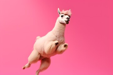 Wall Mural - joyful alpaca llama jumps in motion on pink background, Generative AI