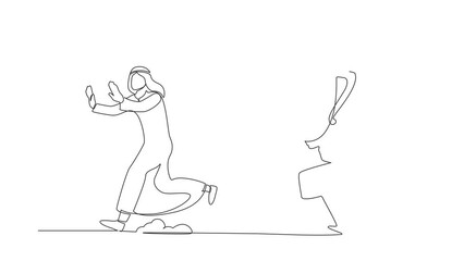 Poster - Self drawing animation of single line draw Arabian businessman being chased by trophy. Failed with business goals. Unsuccess business victory. Minimal metaphor. Continuous line. Full length animated