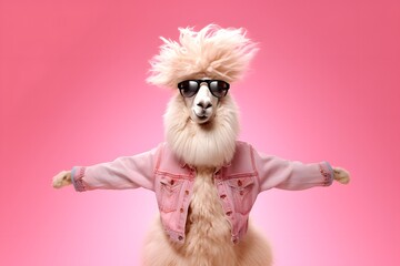 Wall Mural - sweet 80's clothes alpaca llama in glasses. in motion on pink background, Generative AI