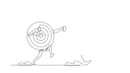 Poster - Animated self drawing of continuous line draw unhappy Arab businessman being chased by archery bullseye target. Losing accuracy of business goal. Minimalism metaphor. Full length one line animation