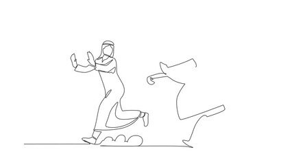 Poster - Animated self drawing of continuous one line draw Arabian businessman being chased by alarm clock. Manager awake from laziness. Running out of time. Deadline project. Full length single line animation
