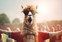 Llama Football Fan In Tracksuit Emotionally Shouts At Stadium Background, Generative AI