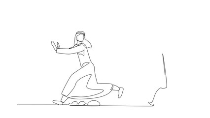 Poster - Animated self drawing of continuous one line draw Arab businessman being chased by smartphone. Refuse to talking or speaking to boss. Technology communication modern. Full length single line animation